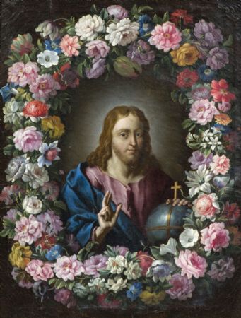 Guirlanda de flores com bênção de Cristo
    